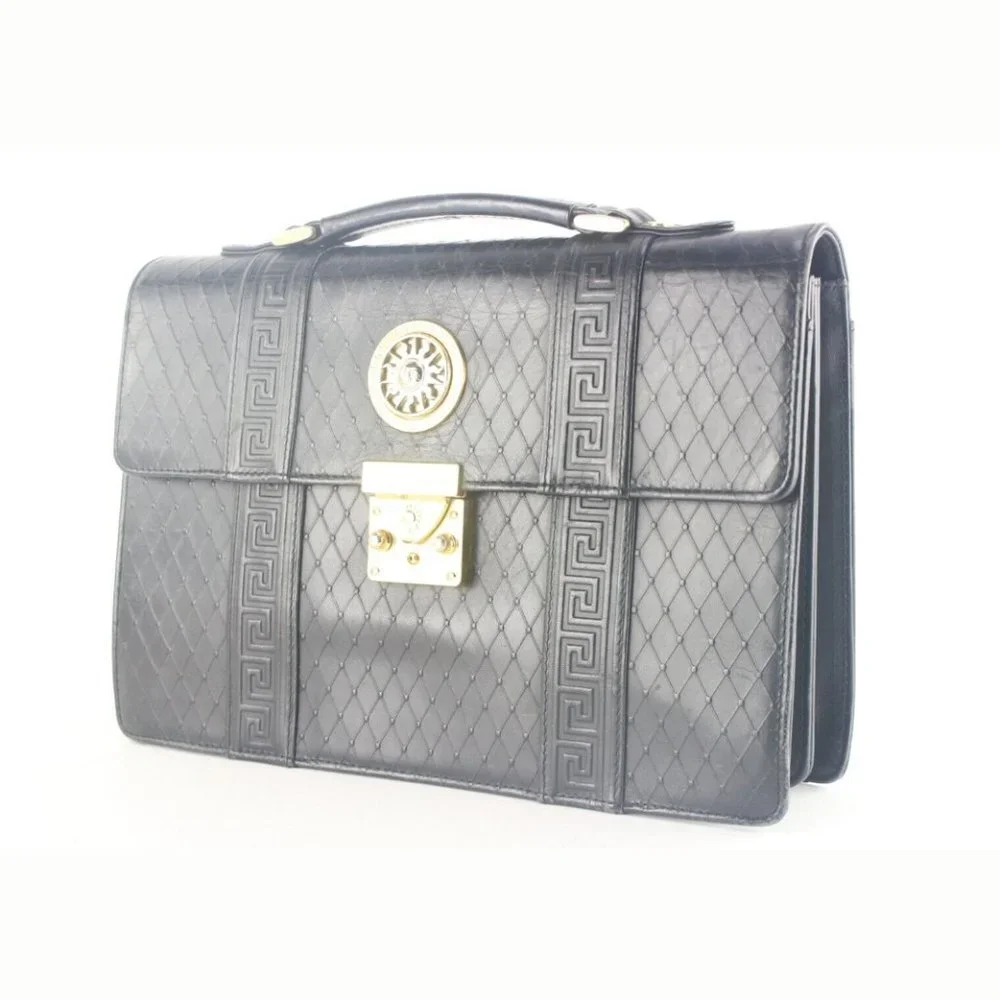 Versace Black Mini Top Handle Briefcase Greek Key Sun 2VER105K